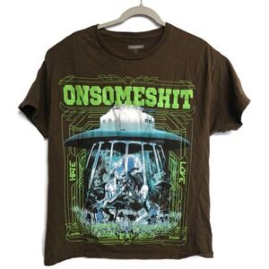 ONSOMESHIT Mens Large Brown UFO Alien Graphic Tee Sci-Fi Streetwear T-Shirt